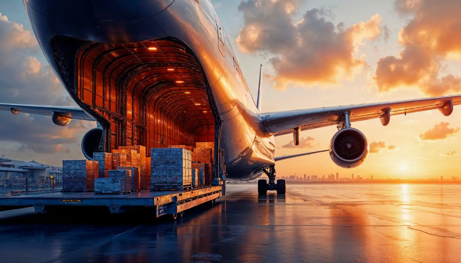 Cargo being loaded into the nose of a freighter aircraft at sunset