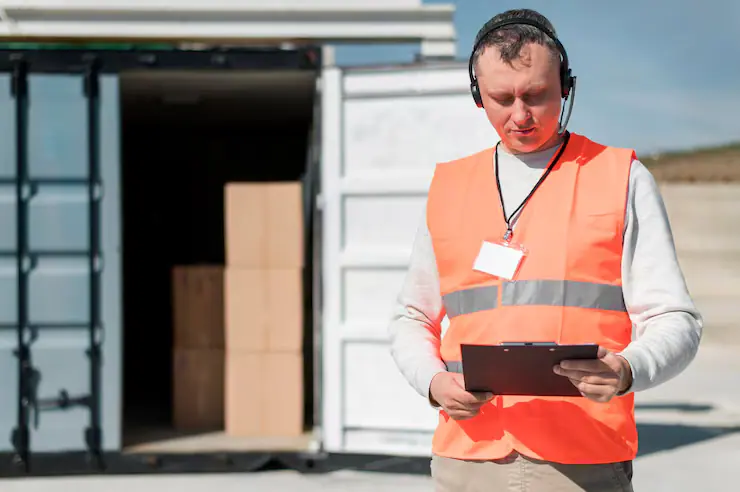 Inspector with a clipboard beside an open cargo container