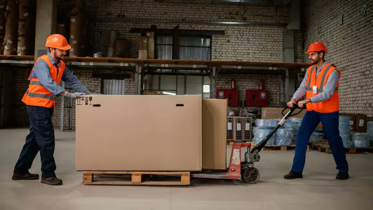 Two workers in hard hats moving a crate on a pallet jack