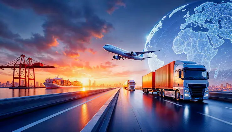 Aircraft, ship and truck in front of a globe, representing a global logistics network