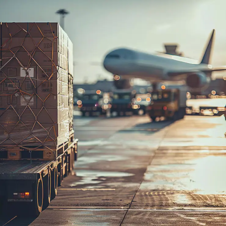 Cargo pallets on an airport apron in front of a jet