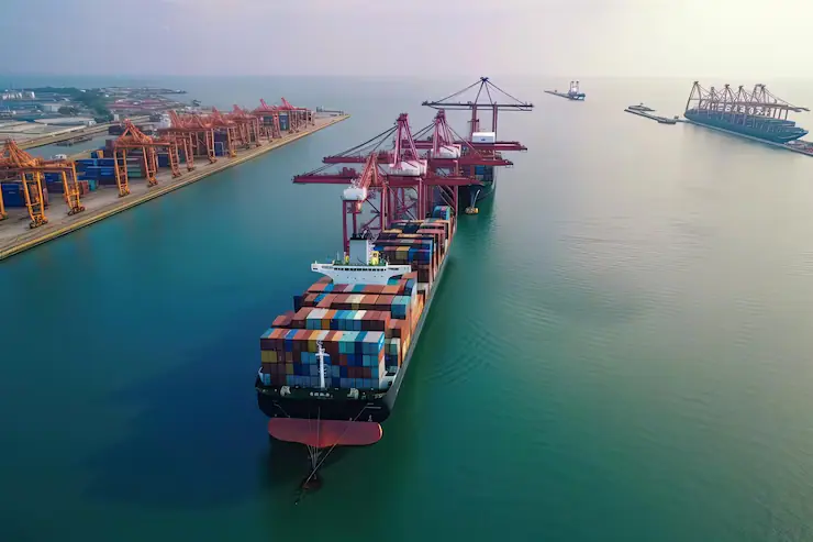 Loaded container ship sailing out of a port