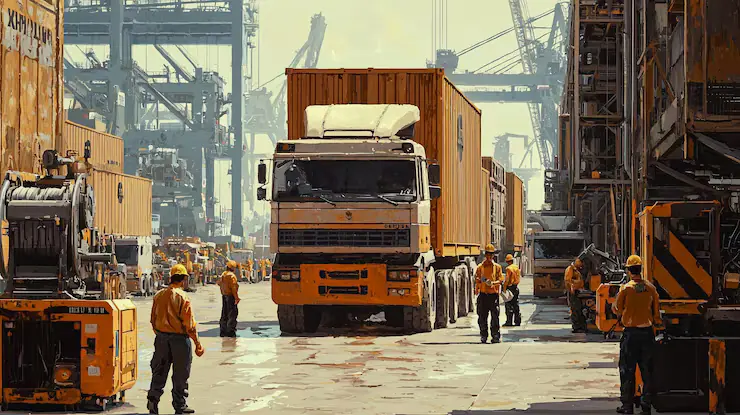 Trucks and workers at a busy container port